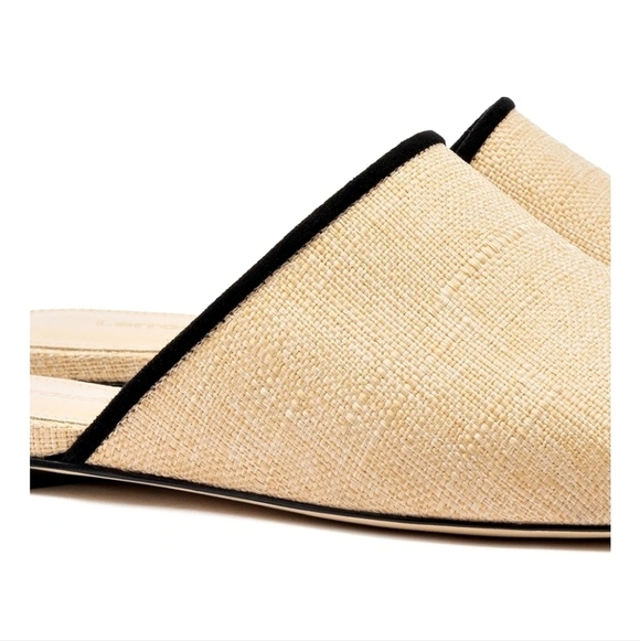 🤎🔹️Larroudé 🔹️Venice Flat Mule In Beige Raffia And Black Trimming - Picture 4 of 5